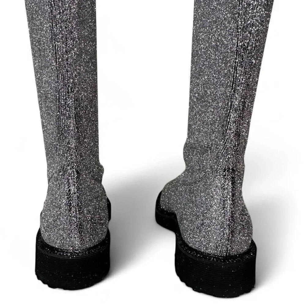 Giuseppe Zanotti Women's Silver Glitter Over-the-Knee Flat Boots Sz 37.5 NWOT